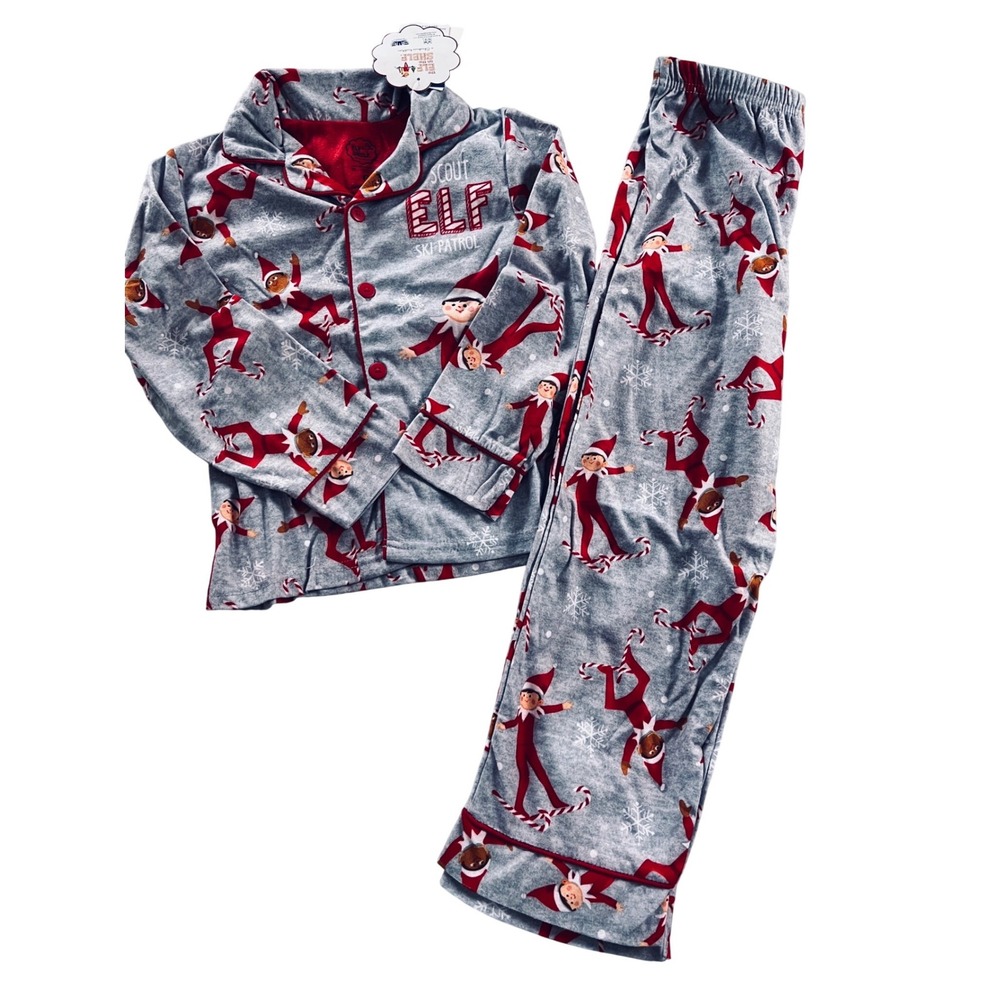 Elf on the Shelf Scout Elf Ski Patrol Pajamas Gray Red Fleece Kids Size 6 NWT